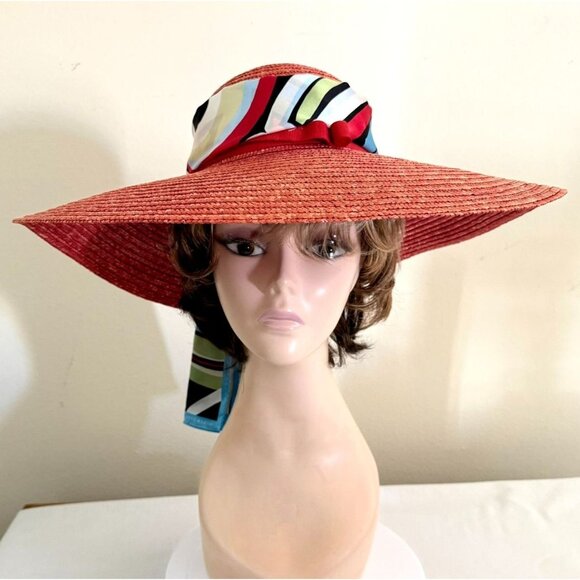Wide Brim Straw Sun Hat With Anne Klein Multicolor Patterned Silk Scarf Accent - Picture 3 of 12
